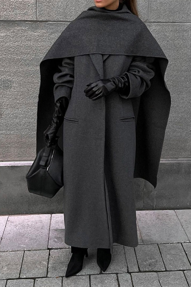 Extra-Long Woolen Overcoat with Scarf Collar for Elegance