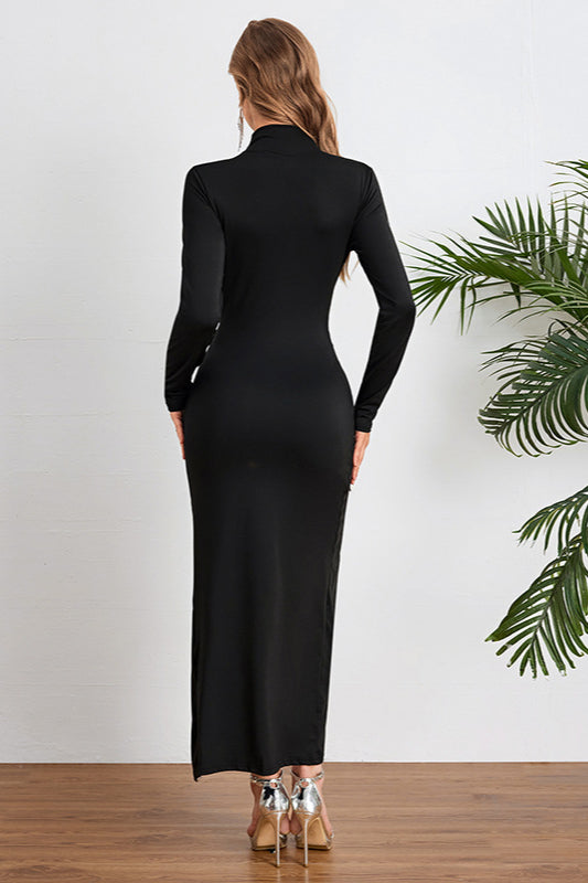 High Neck Ruched Split Bodycon Long Sleeve Party Dress