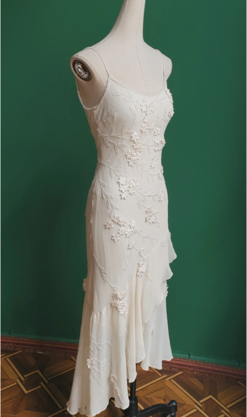 Elegant White Mermaid Spaghetti Strap U-neck 3D Foral Embroidery Chiffon Prom Dress Evening Dress P4280