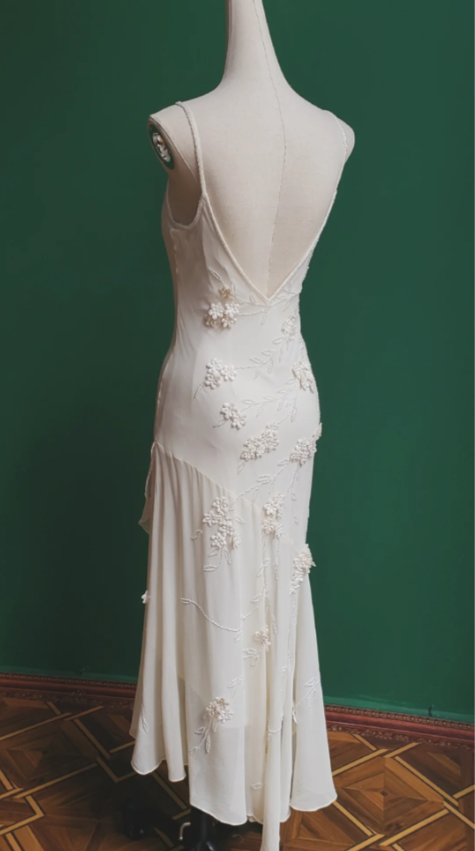 Elegant White Mermaid Spaghetti Strap U-neck 3D Foral Embroidery Chiffon Prom Dress Evening Dress P4280