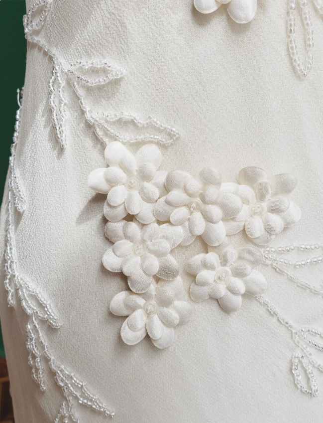 Elegant White Mermaid Spaghetti Strap U-neck 3D Foral Embroidery Chiffon Prom Dress Evening Dress P4280