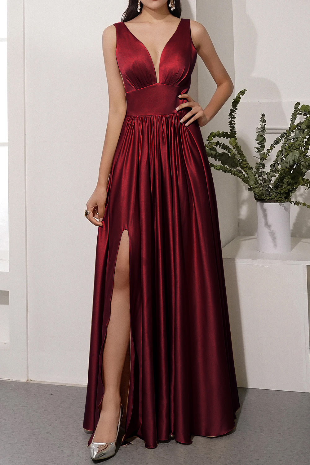 Satin Long Prom Party Dress With Slit - Fashionpara
