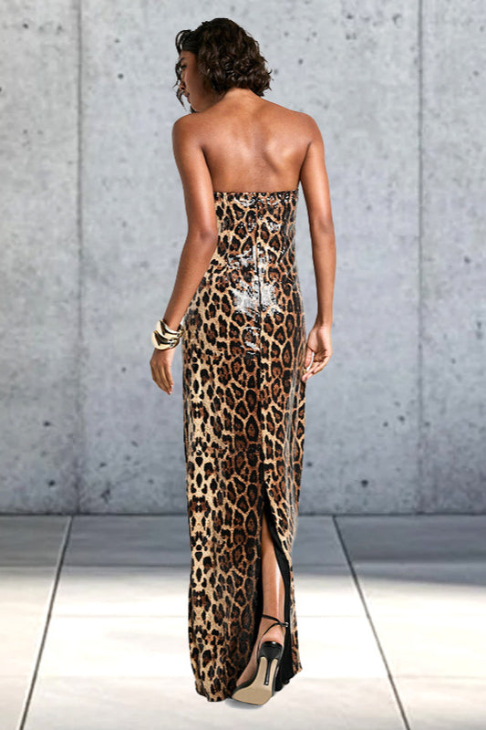 Colorblock Leopard Strapless Maxi Dress