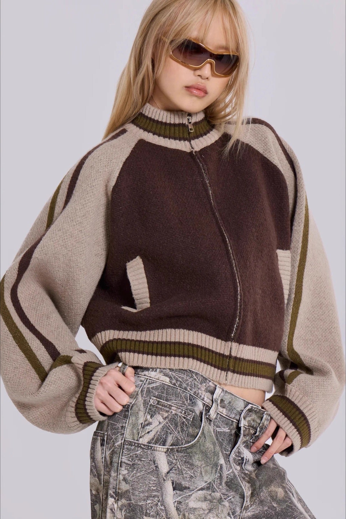 Retro Gothic Colorblock Zip-Up Knit Sweater
