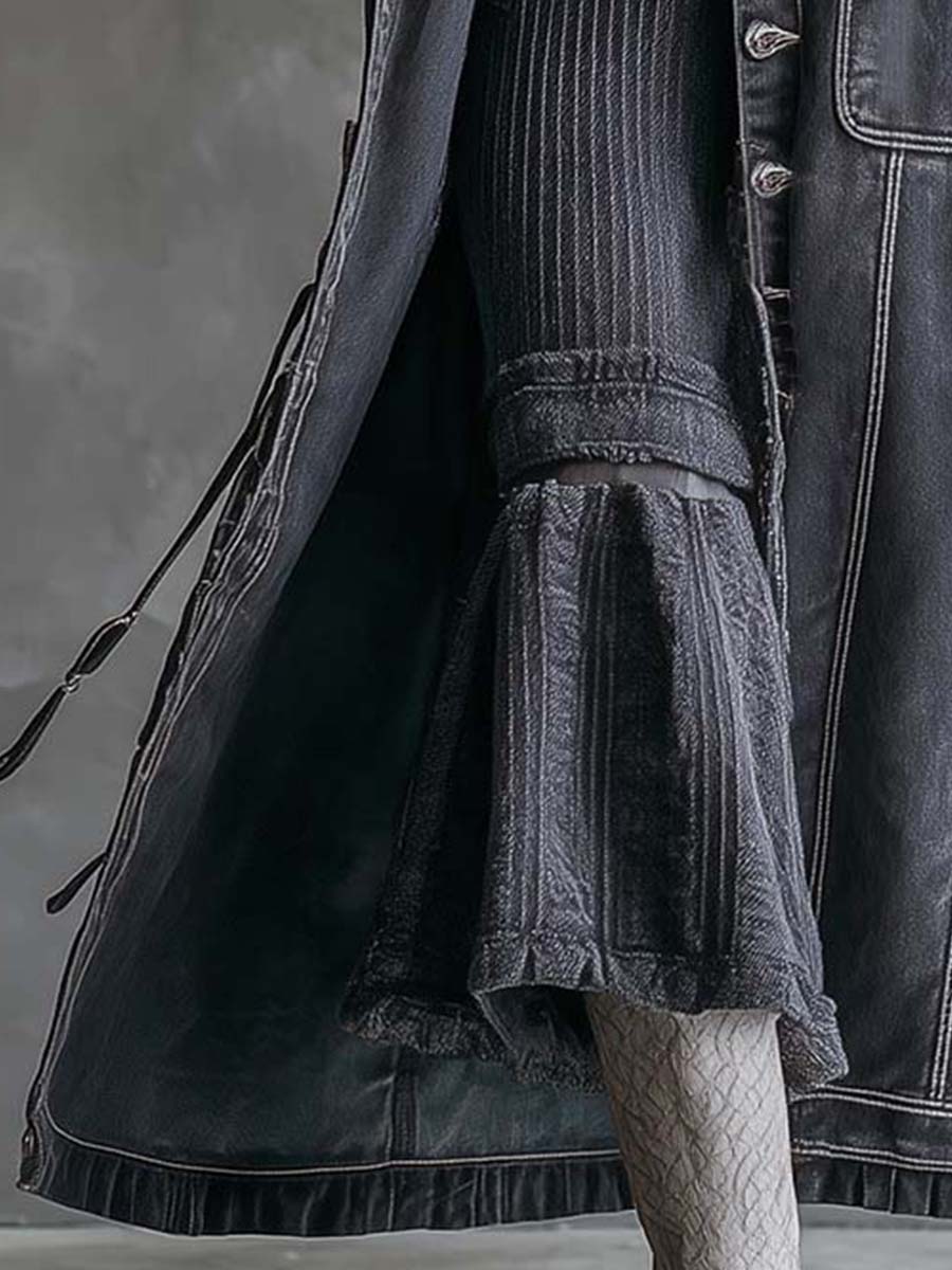 Vintage Washed Grey Denim Coat With Faux Fur Collar - Fashionpara