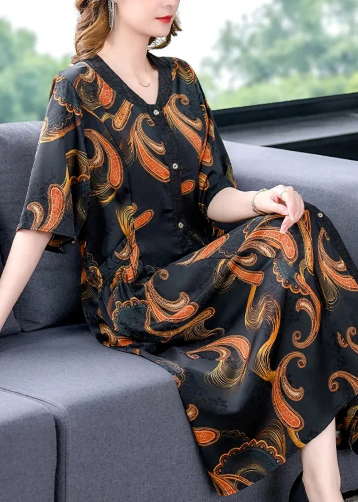 Paisley Print V-Neck Short Sleeve Button Front A-Line Midi Dress - View 4
