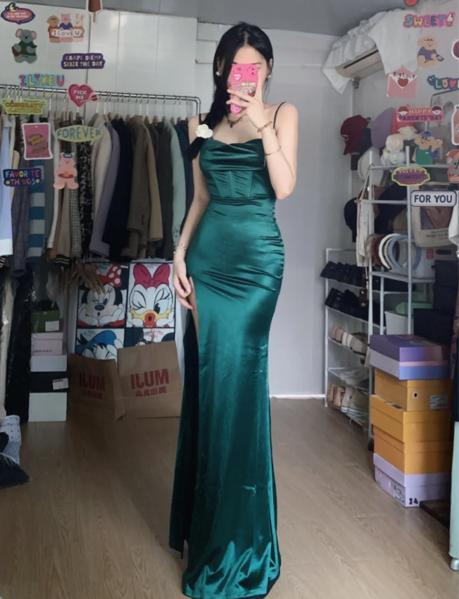 Simple Mermaid Dark Green Thin Strap High Slit Satin Long Prom Dress Evening Dress P4284