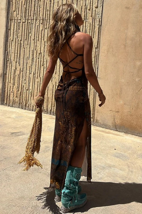 Backless Lace Up Fringe High Split Boho Maxi Dress - View 7