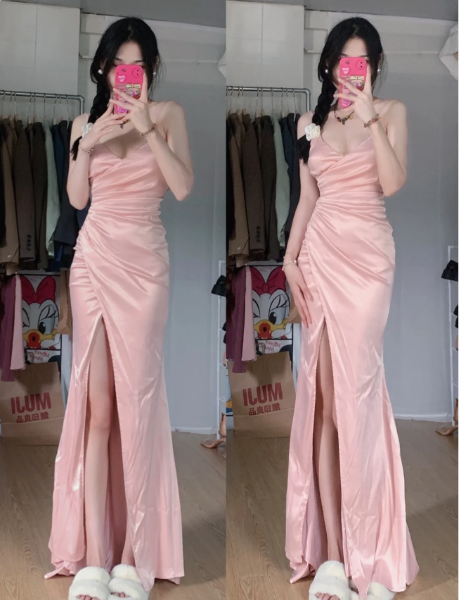 Sweet Pink Mermaid V-neck Spaghetti Strap Satin Slit Long Prom Dress Evening Dress P4285