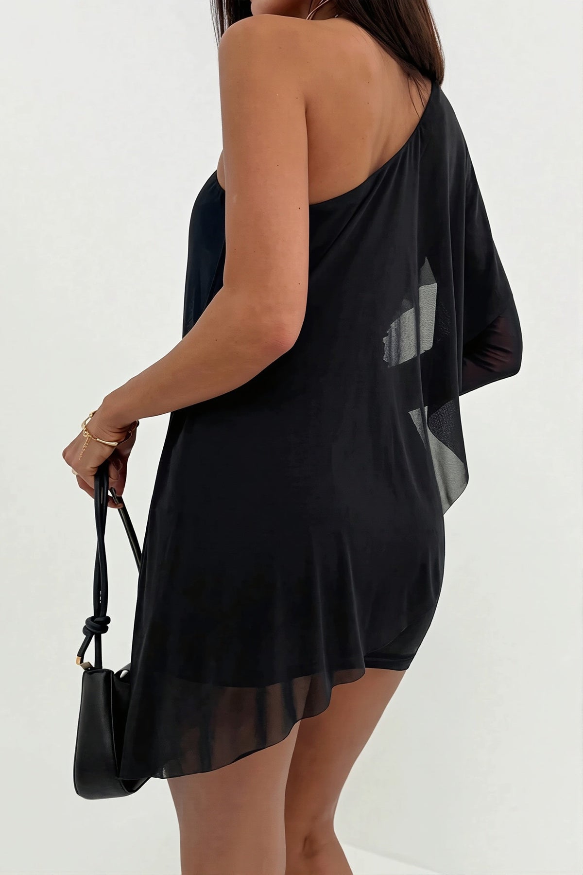 One Shoulder Draped Overlay Ruched Mini Dress