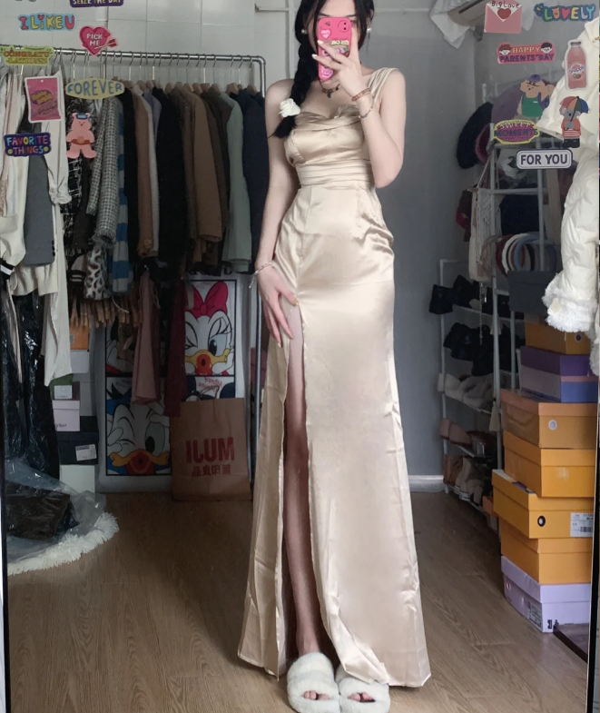 Elegant Champagne High-Slit Satin Long Prom Dress Evening Dress P4286