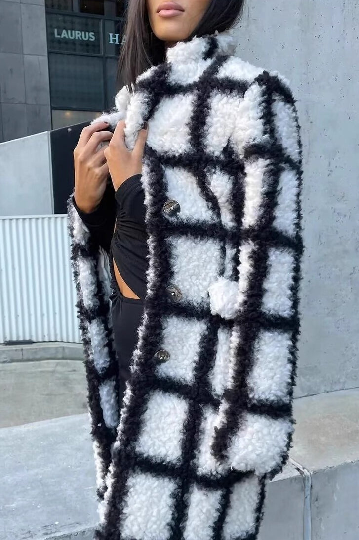 Plaid Faux Fur Long Coat - Fashionpara