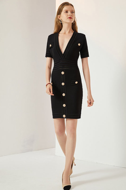 Sleeve V-Neck Bodycon Knit Sweater Dress