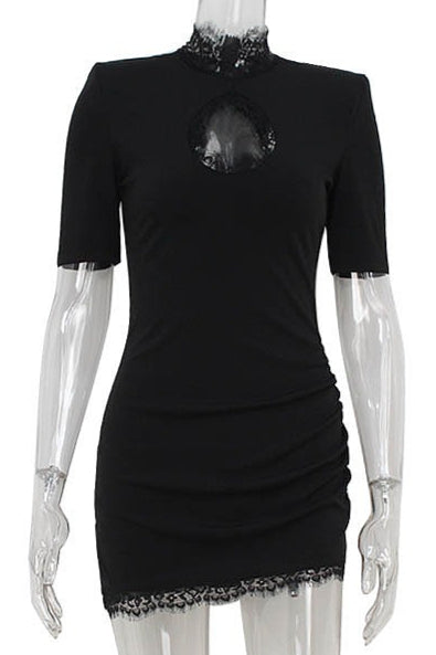 Lace Mock Neck Cut Out Short Sleeve Bodycon Mini Dress