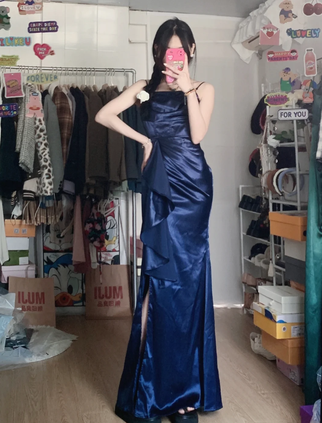 Elegant Navy Blue Mermaid High-Slit Ruffled Satin Long Prom Dress Evening Dress P4288