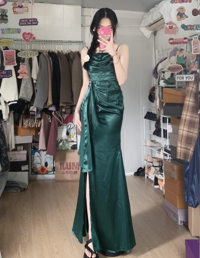 Elegant Navy Blue Mermaid High-Slit Ruffled Satin Long Prom Dress Evening Dress P4288