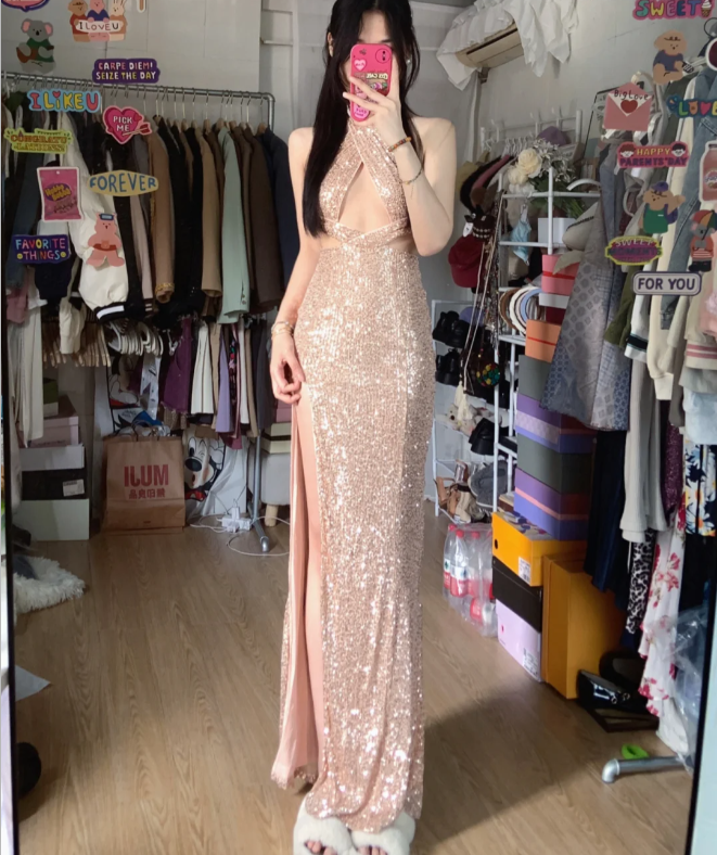 Sparkling Champagne Pink Halter Neck High Slit Sequined Long Prom Dress Evening Dress P4289