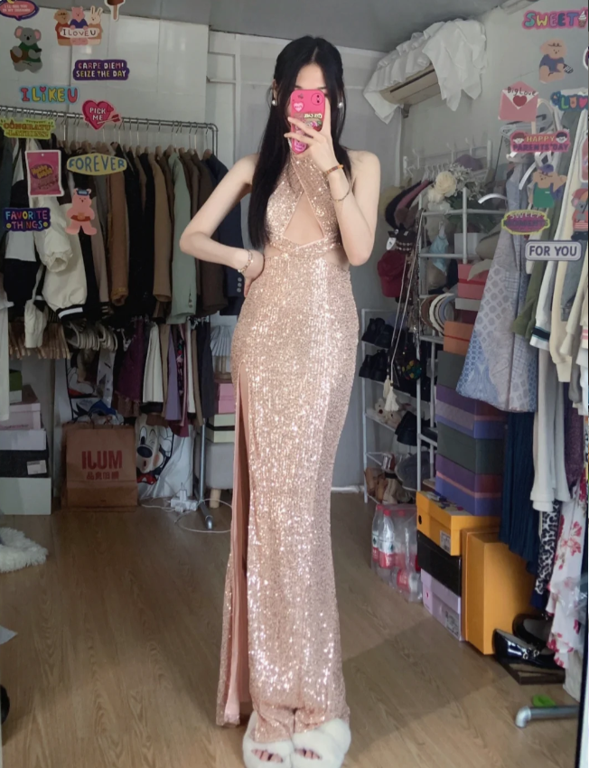 Sparkling Champagne Pink Halter Neck High Slit Sequined Long Prom Dress Evening Dress P4289