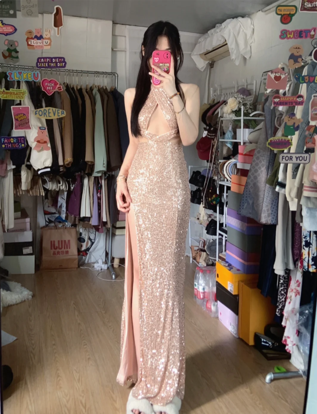 Sparkling Champagne Pink Halter Neck High Slit Sequined Long Prom Dress Evening Dress P4289