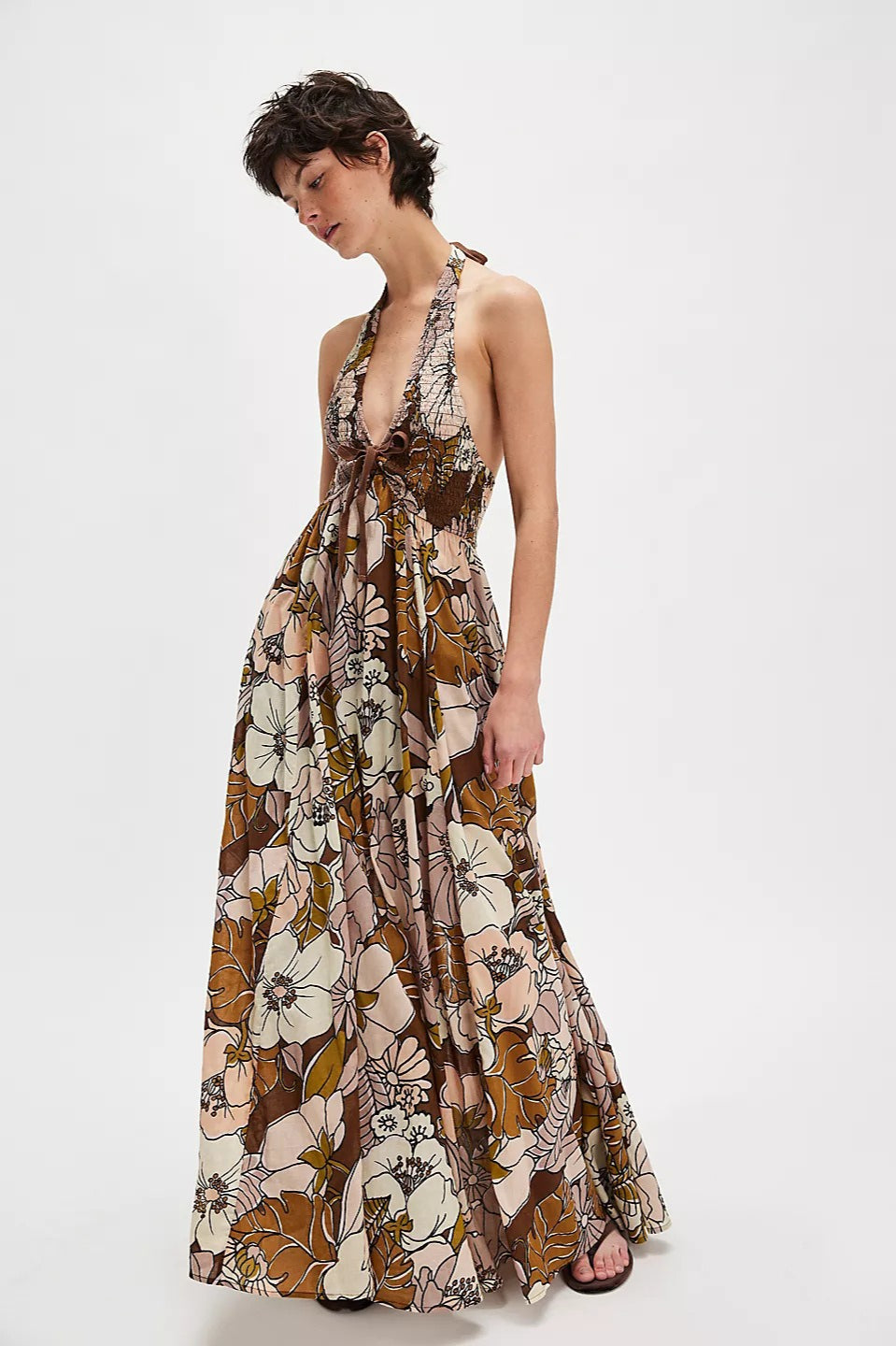 Floral Print Halter Plunge Smocked Bodice Dress