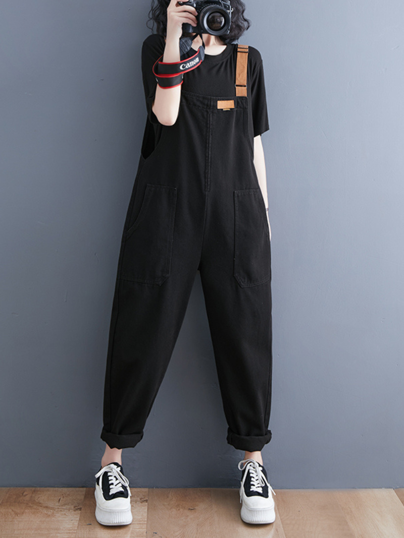 Denim Loose Shoulder Strap Large Size Black Overalls - Fashionpara