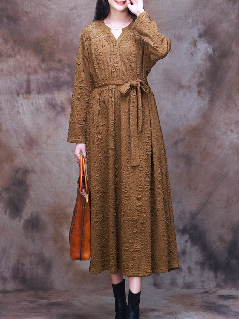 Vintage-Inspired Classic Belt Side Pockets A-Line Dress - Fashionpara