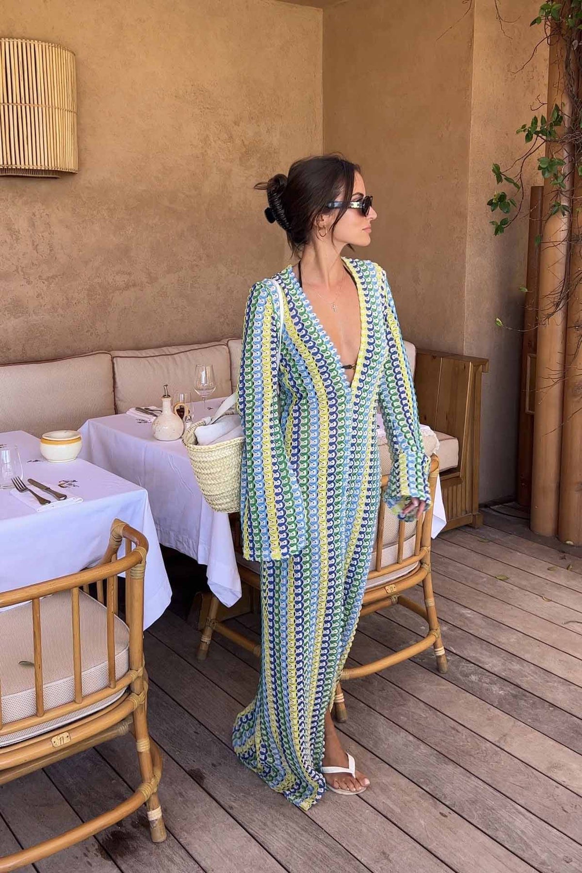 Crochet Deep V-Neck Long Sleeve Striped Boho Maxi Dress - View 3