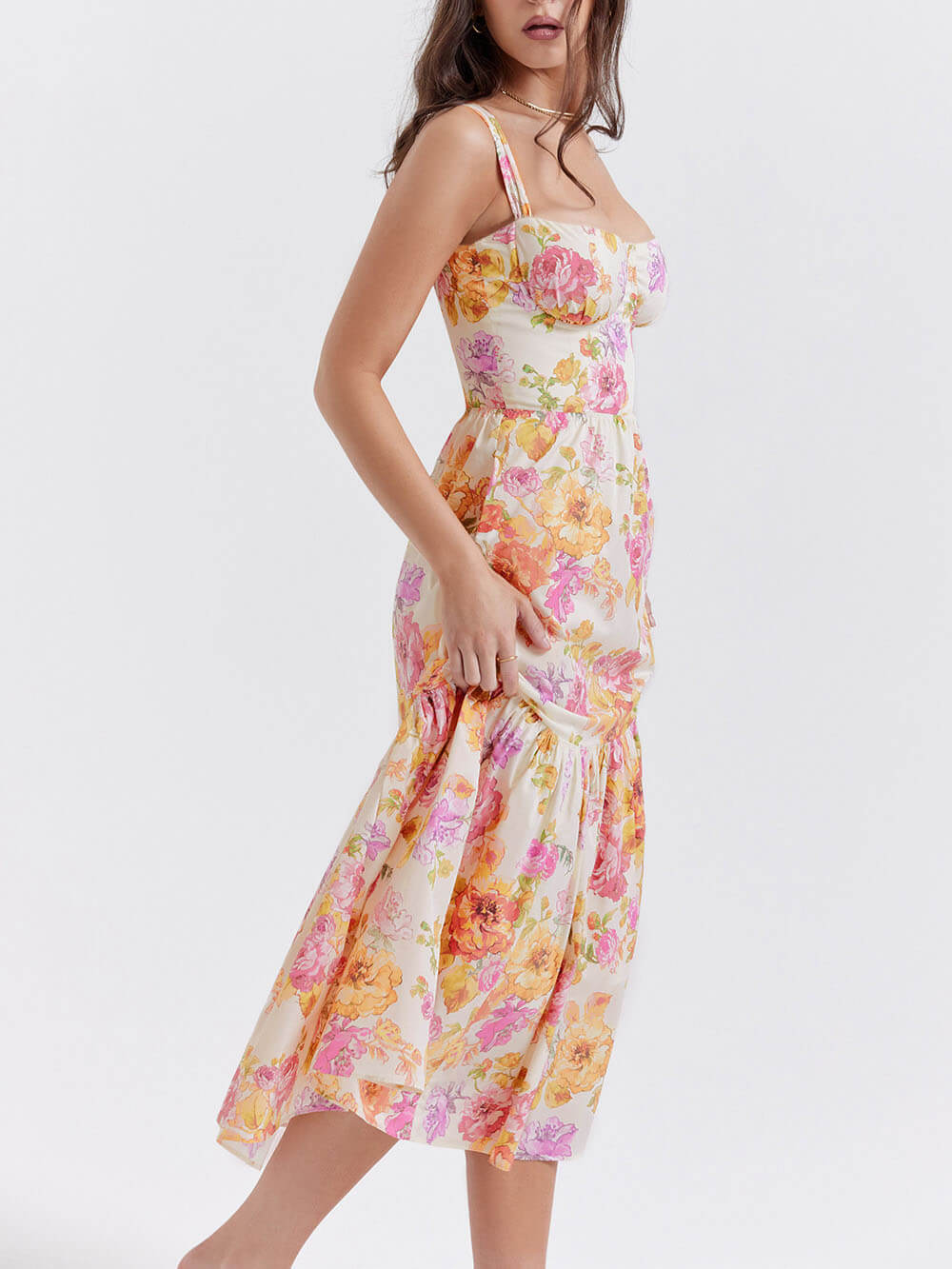 Strap A-Hem Floral Midi Dress - Fashionpara