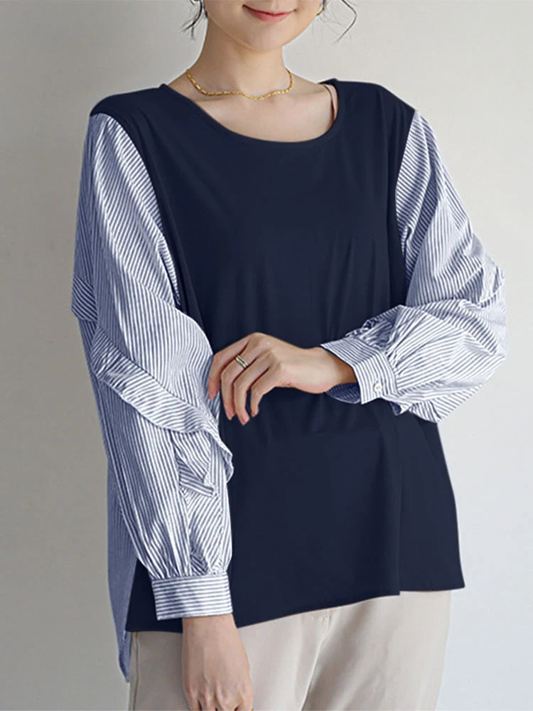 Stripe Patchwork Ruffled Casual Blouse