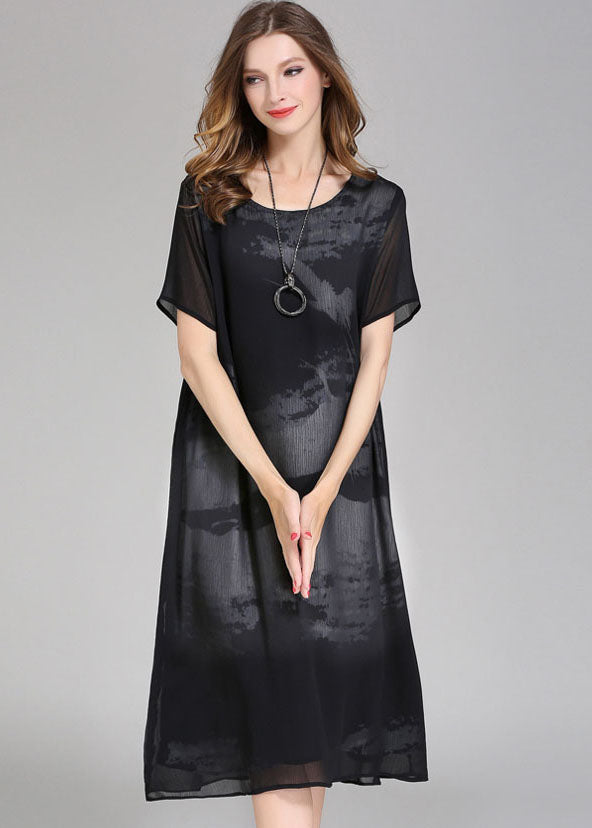 Abstract Brushstroke Print Short Sleeve Sheer Chiffon Shift Midi Dress - View 3