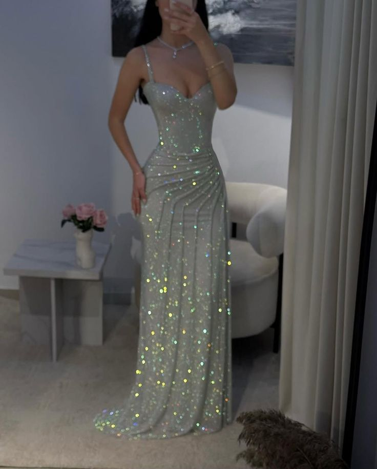 Gorgeous Spaghetti Straps Silver Sequin Side Slit Long Prom Dress Evening Dress - Fashionpara