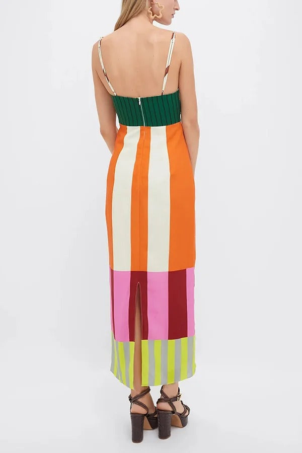 Beach Moment Linen Blend Unique Color Block Slip Maxi Dress - Fashionpara