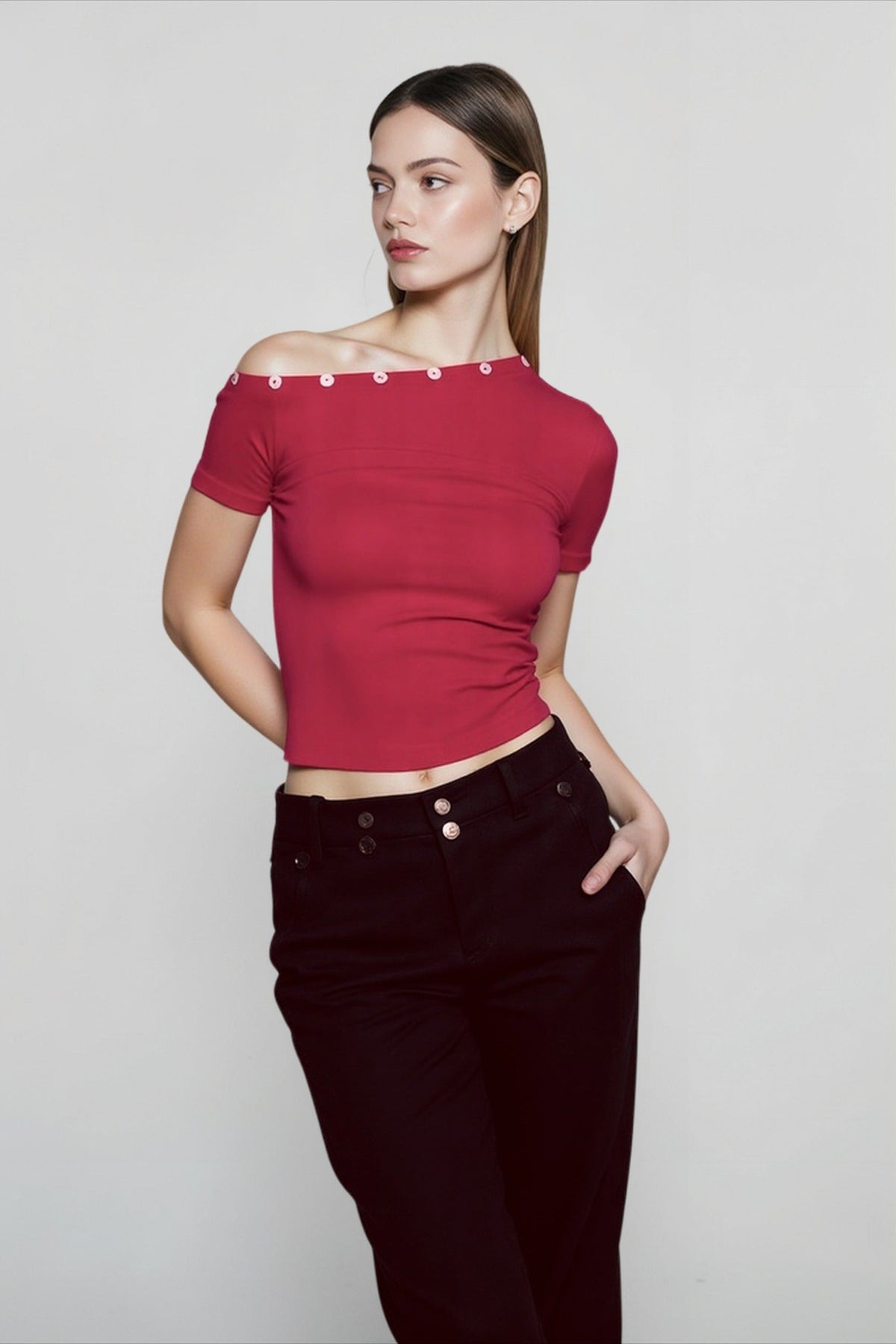 Off Shoulder Short Sleeve Button Trim Crop Top