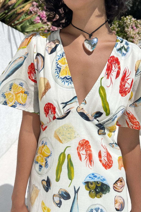 Linen V-neck sexy loose fairy all-match leisure Midi Dress - Fashionpara