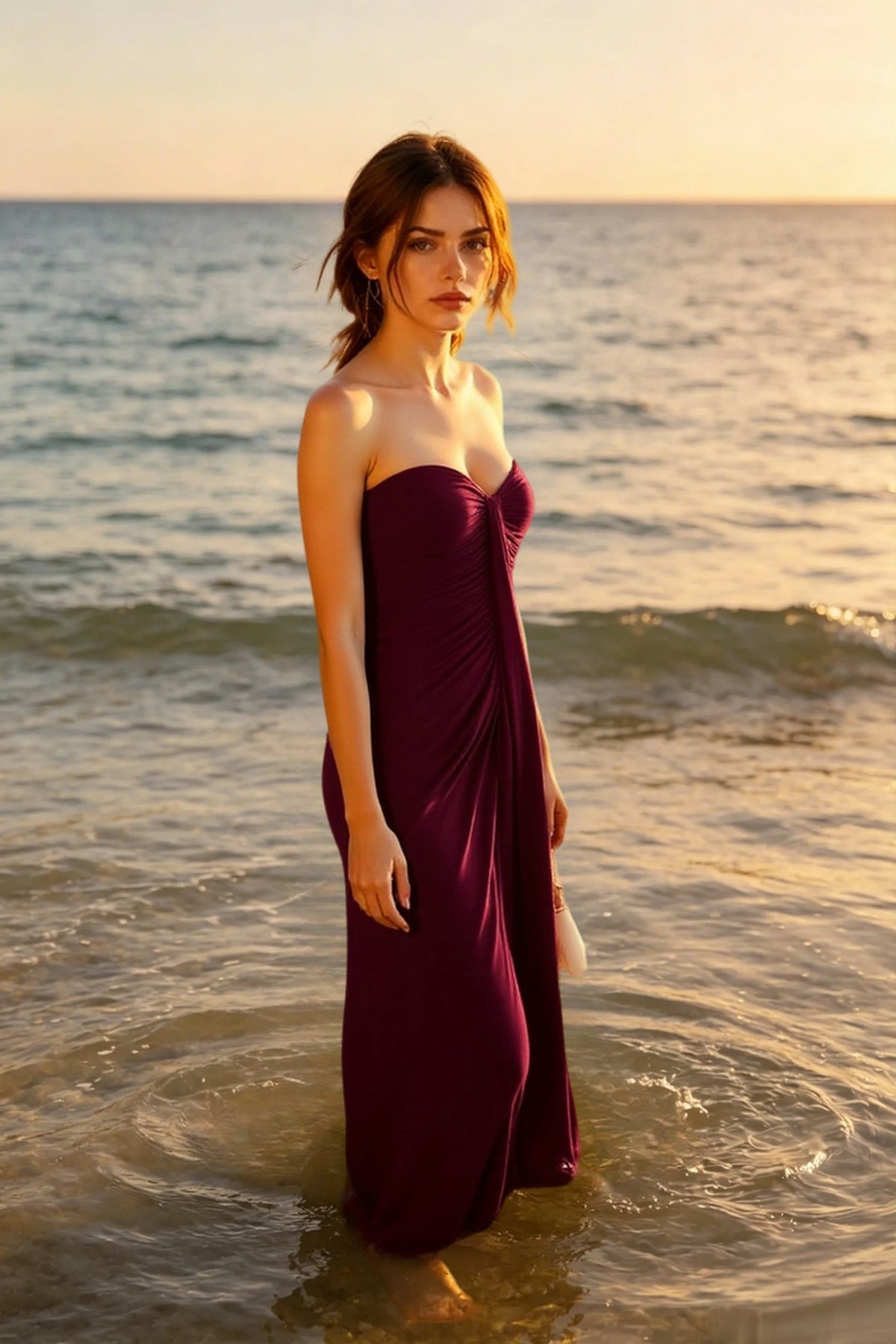 Strapless Sweetheart Twist-Front Ruched Maxi Dress