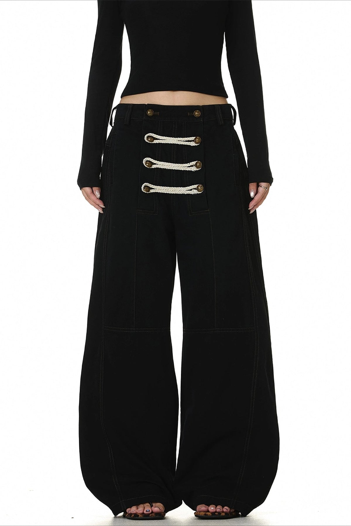 Black Double Button Deconstructed Wide Leg Pants