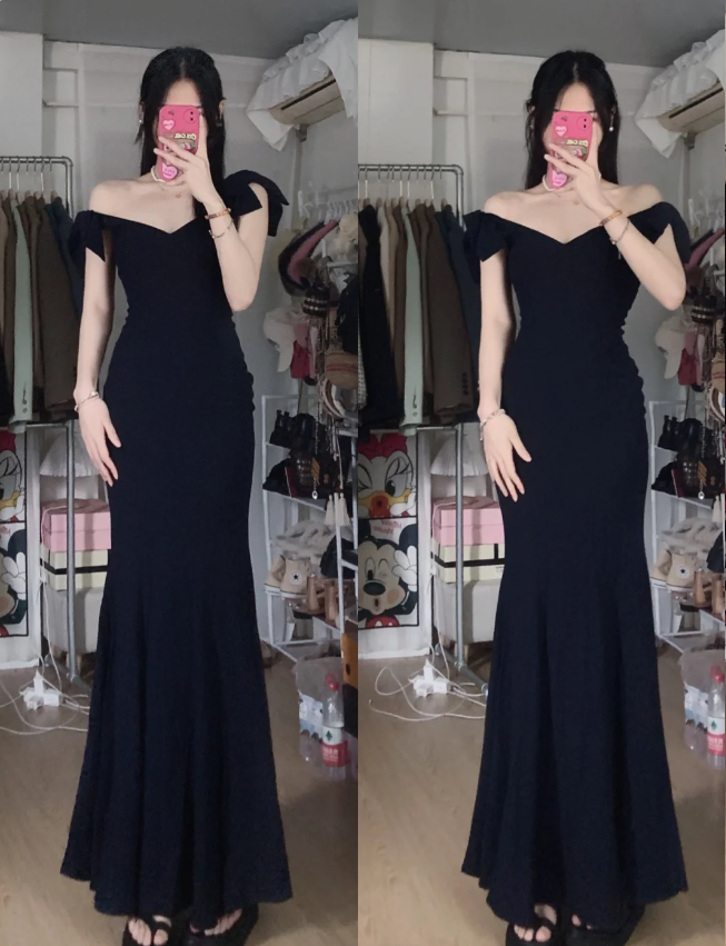 Elegant Black Mermaid V-Neck Bow Strap Satin Long Prom Dress Evening Dress P4290