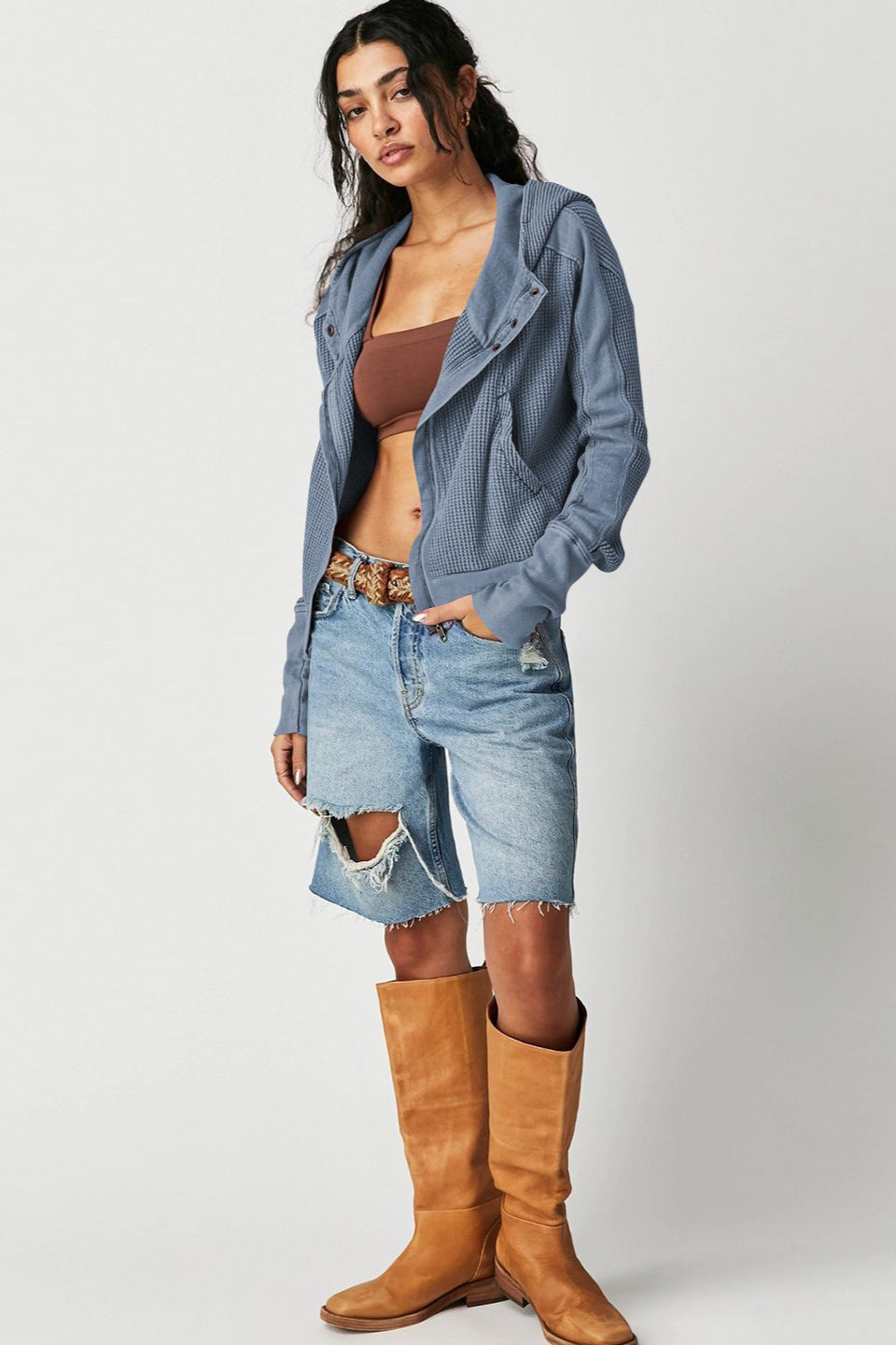 Waffle Texture Zip Front Cropped Hoodie
