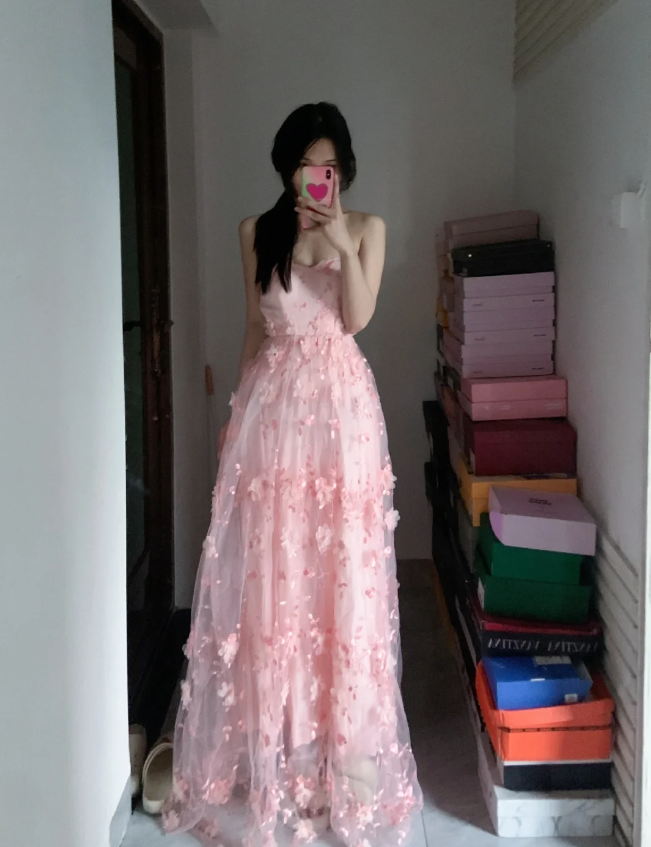 Sweet Pink A-line Strapless 3D Floral Tulle Long Prom Dress Evening Dress P4292