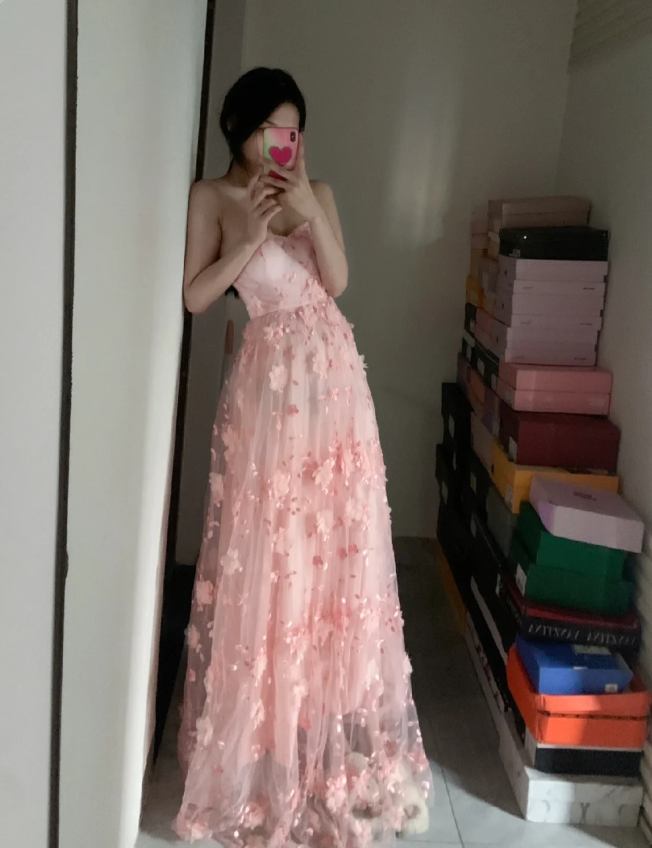 Sweet Pink A-line Strapless 3D Floral Tulle Long Prom Dress Evening Dress P4292