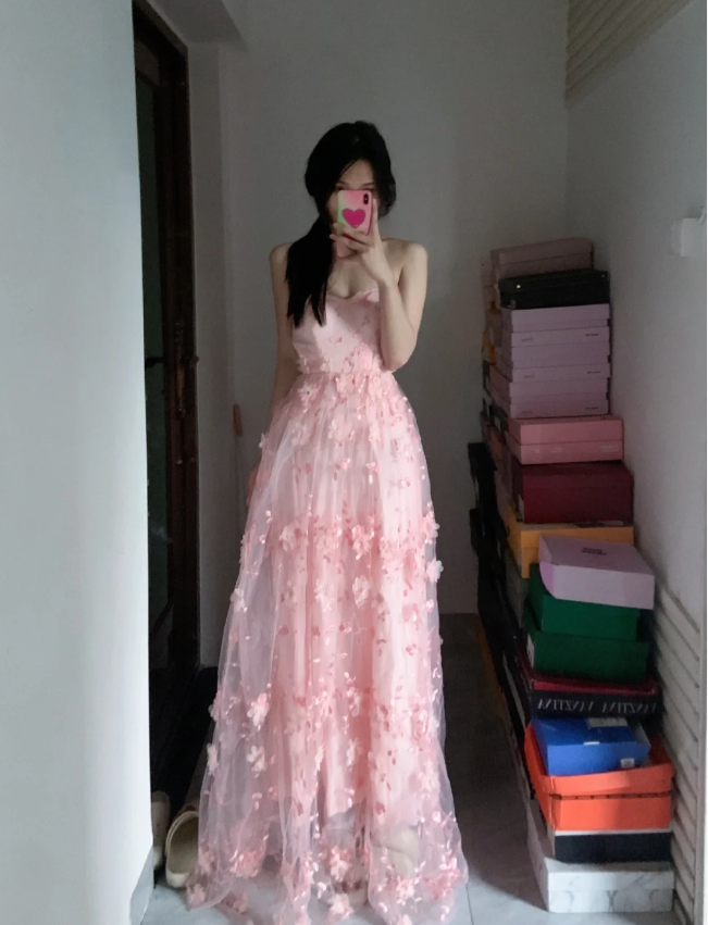 Sweet Pink A-line Strapless 3D Floral Tulle Long Prom Dress Evening Dress P4292