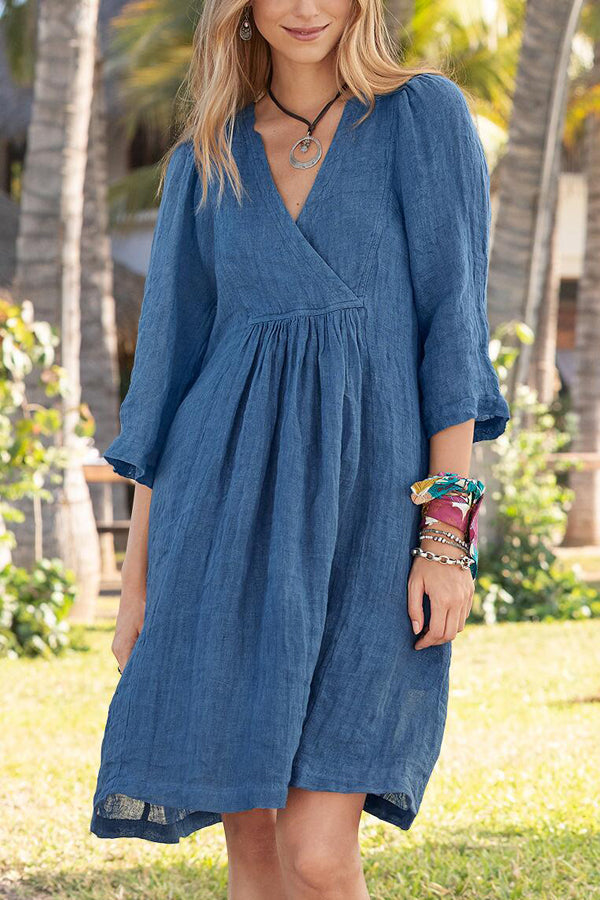 Surplice V-Neck Empire Waist Three Quarter A-Line Midi Dress