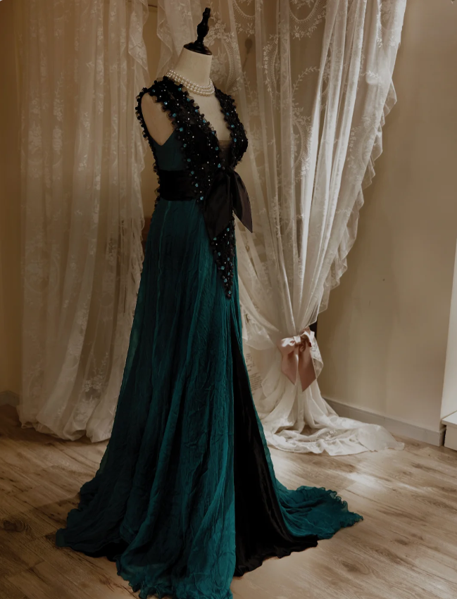 Vintage Dark Green A-line V-Neck Bow Beaded Chiffon Long Prom Dress Evening Dress P4293