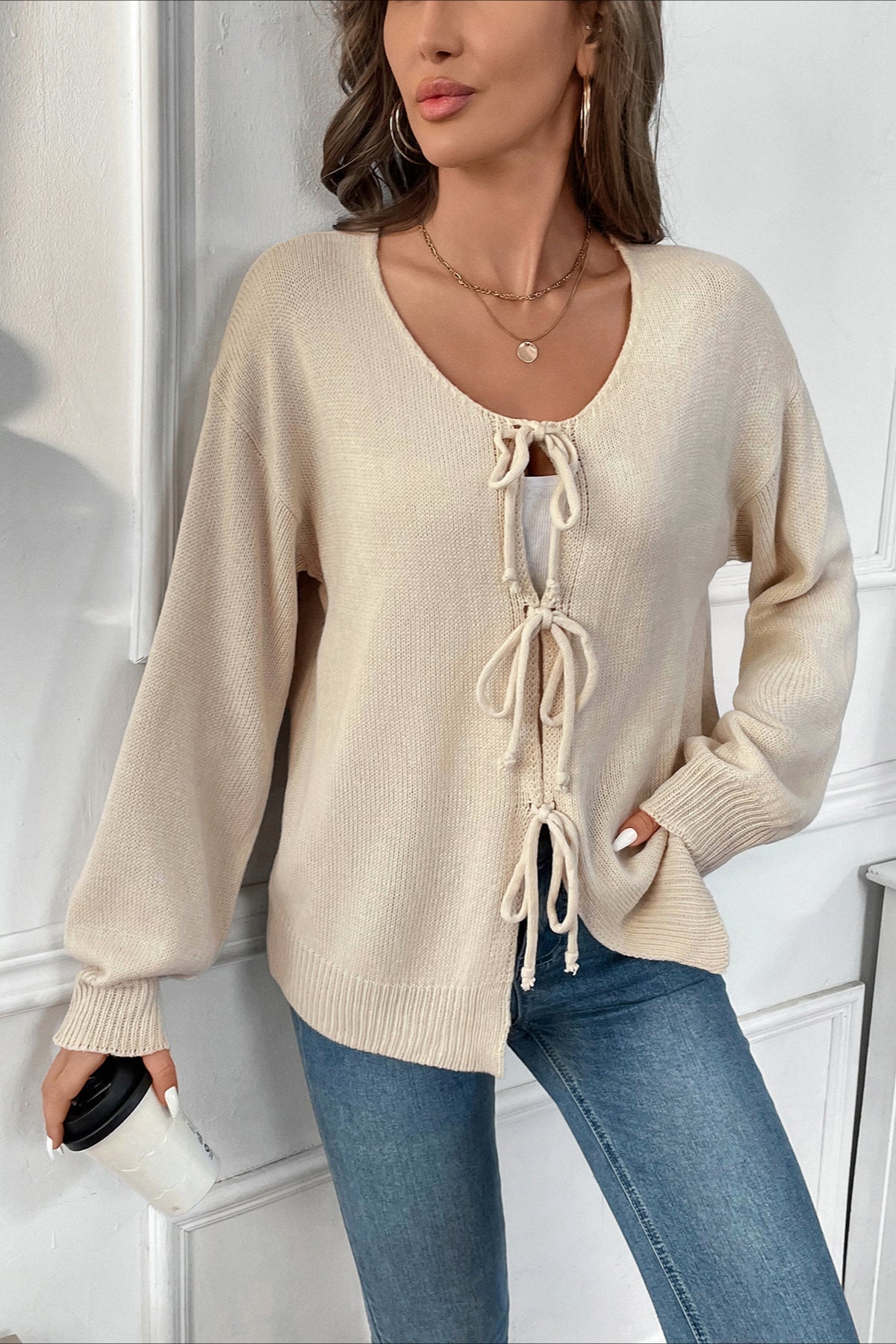 Stylish Tie-Front Round Neck Knit Cardigan for Effortless Elegance