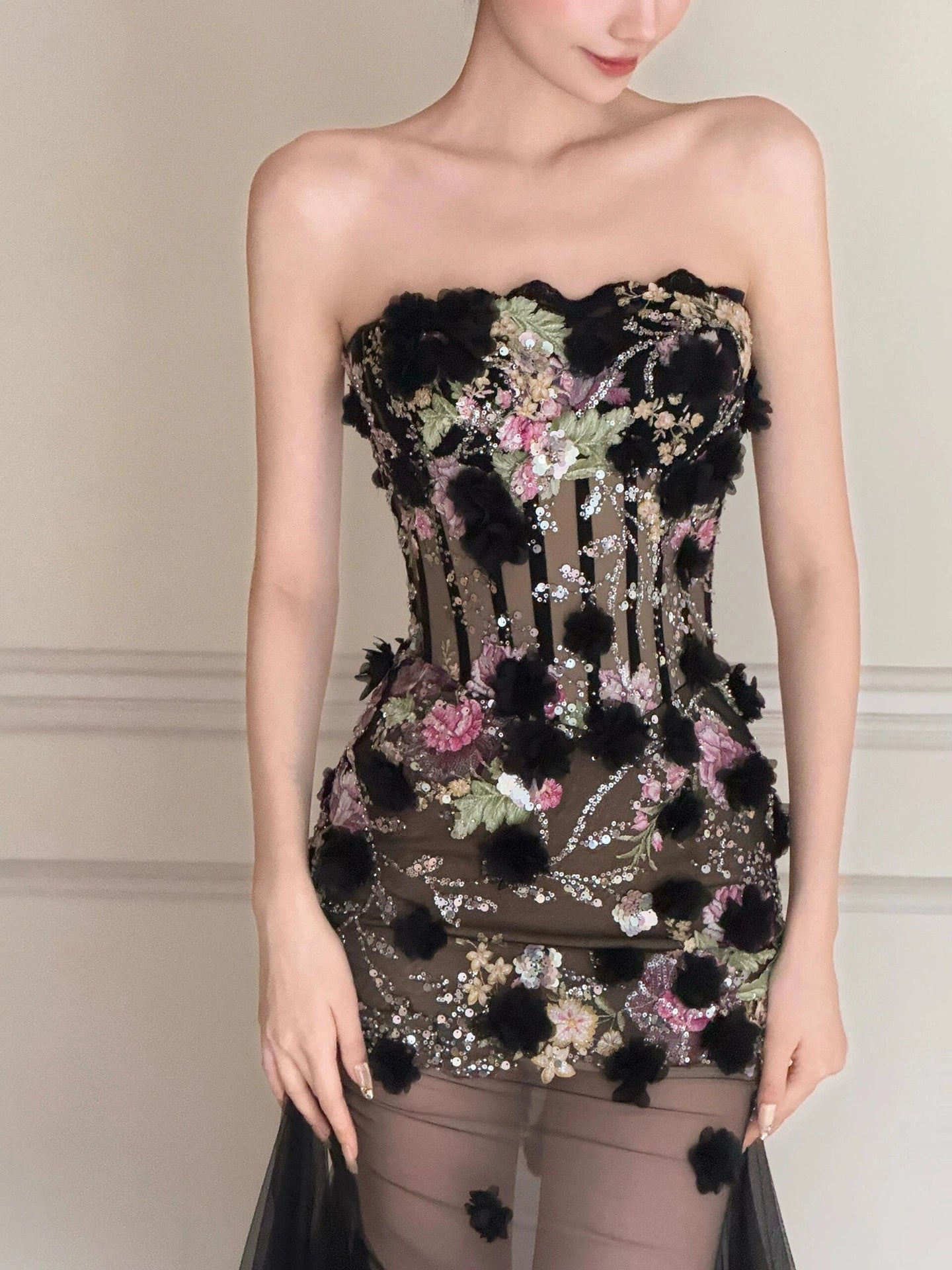 Black Long Prom Dress With Flowers Formal Evening Party Dress Birthday Outfit - Fashionpara