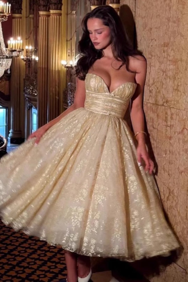Metallic Floral Strapless Sweetheart Corset Midi Prom Dress