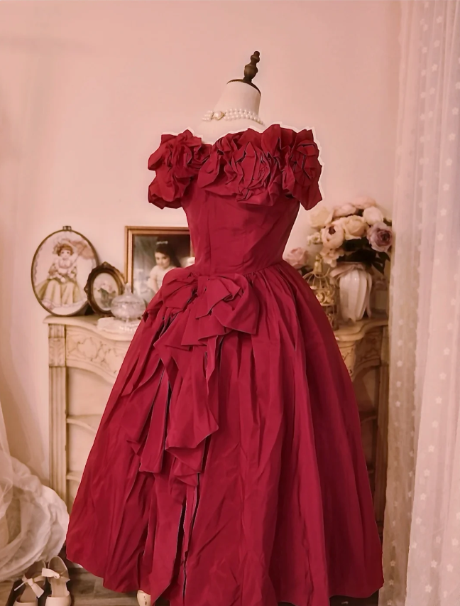 Vintage Court Red Bow Off-The-Shoulder Satin Ball Gown Evening Dress P4294