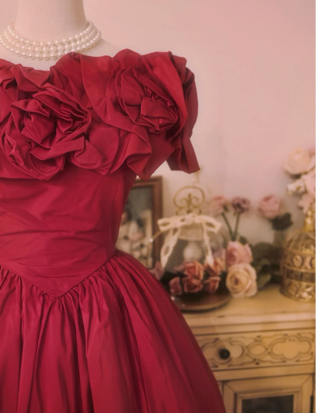 Vintage Court Red Bow Off-The-Shoulder Satin Ball Gown Evening Dress P4294