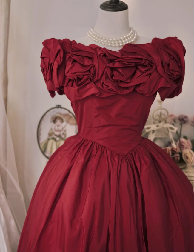 Vintage Court Red Bow Off-The-Shoulder Satin Ball Gown Evening Dress P4294
