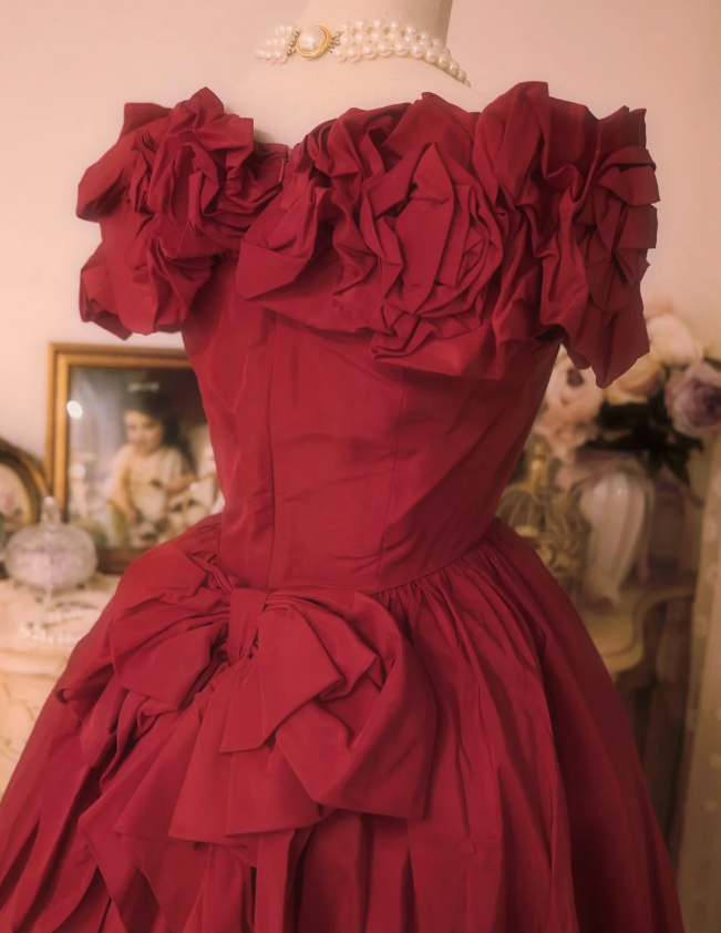 Vintage Court Red Bow Off-The-Shoulder Satin Ball Gown Evening Dress P4294